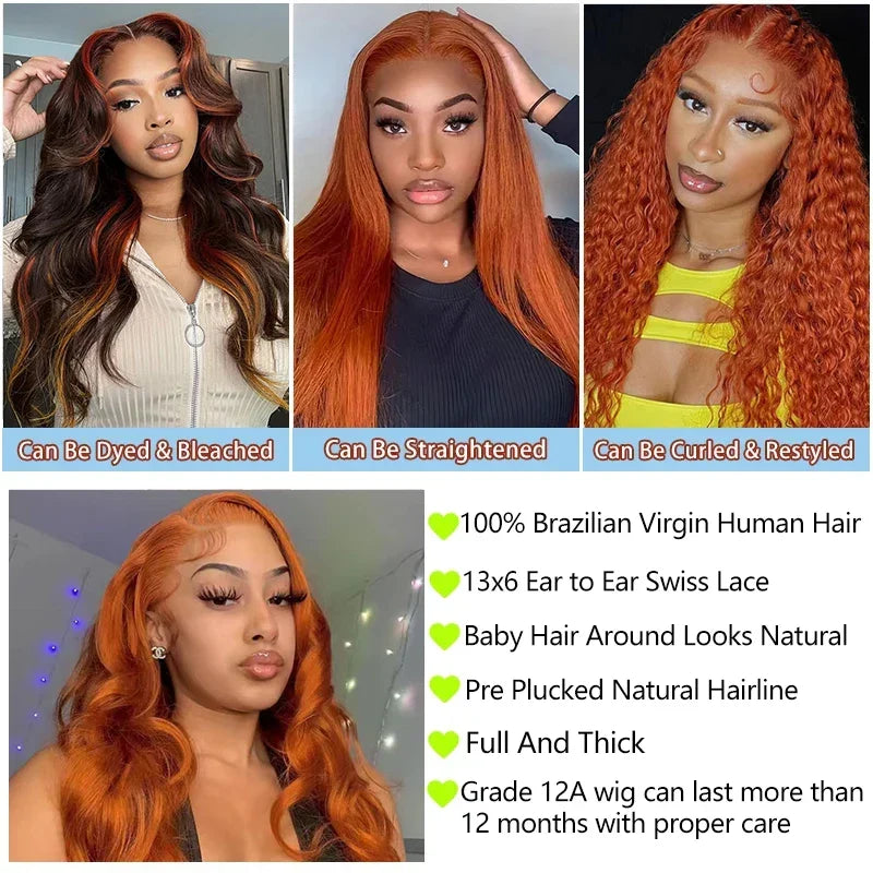 Spacewallart ginger orange lace front human hair wig with wavy style, natural hairline, and vibrant color for a stylish look.