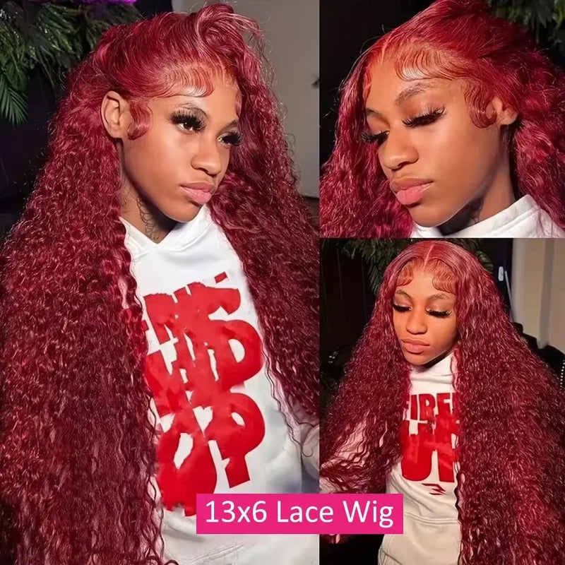 Burgundy curly frontal wig by Spacewallart showcasing lush, curly hair with a natural frontal design in rich burgundy color.