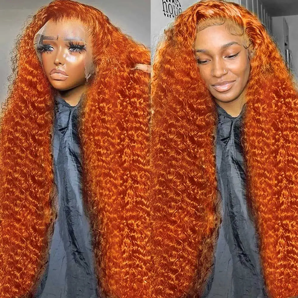 Orange colored Water Wave Human Hair Wig by Spacewallart showing the vibrant, wavy hairstyle with natural texture and full volume.