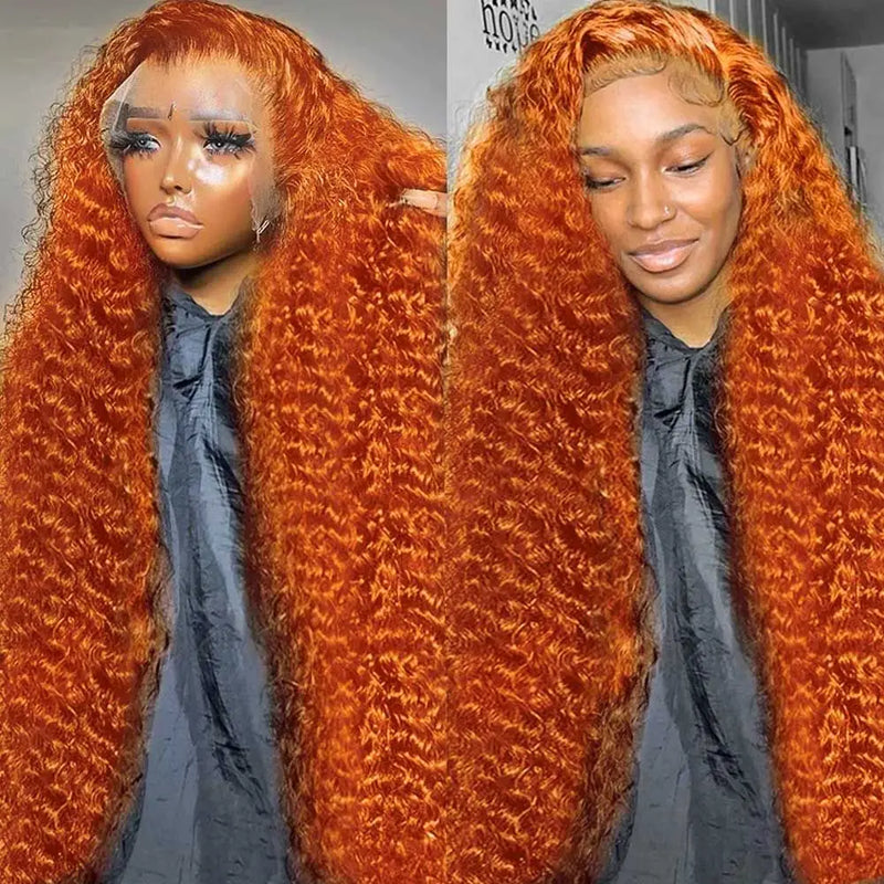 Orange colored Water Wave Human Hair Wig by Spacewallart showing the vibrant, wavy hairstyle with natural texture and full volume.