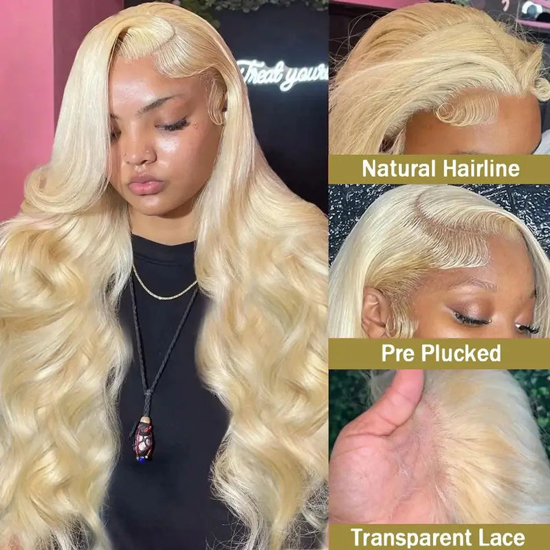 Brazilian pre-plucked blonde human hair wig by Spacewallart, showcasing natural hairline and silky, transparent hair strands.