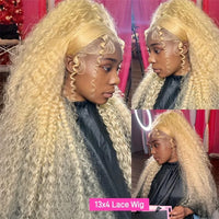 Blonde HD lace frontal human hair wig by Spacewallart, showing the detailed lace front and silky straight hair texture.