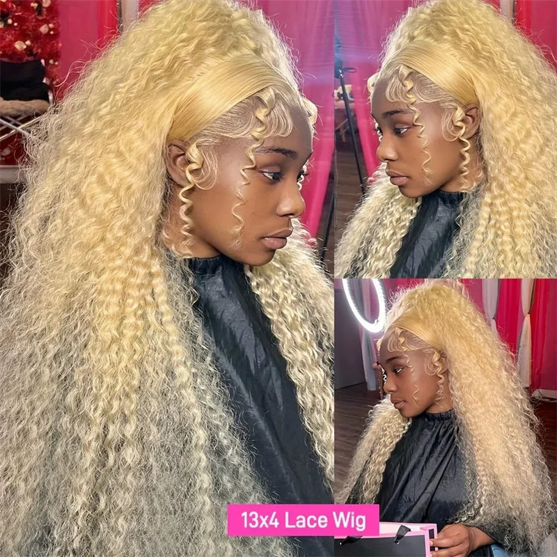 Blonde HD lace frontal human hair wig by Spacewallart, showing the detailed lace front and silky straight hair texture.