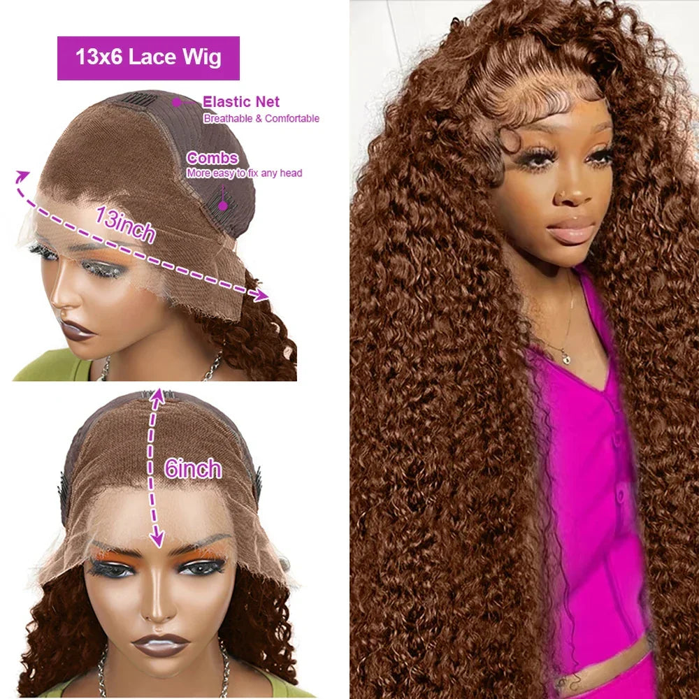 Chocolate brown deep wave lace front curly wig by Spacewallart, showcasing voluminous, textured curls and a natural-looking lace front.