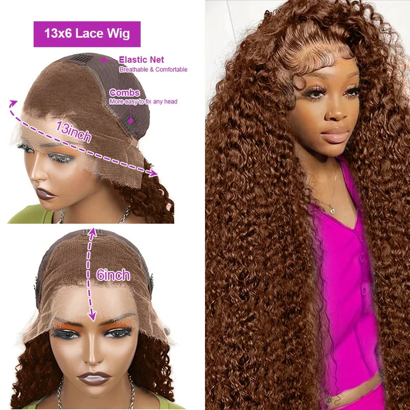 Chocolate brown deep wave lace front curly wig by Spacewallart, showcasing voluminous, textured curls and a natural-looking lace front.