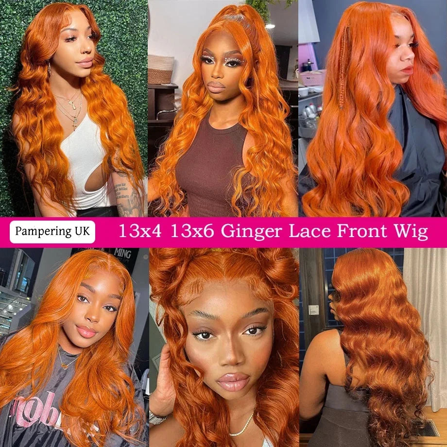 Orange Ginger Body Wave HD transparent human hair wig by Spacewallart, showcasing vibrant color and flowing body wave texture.