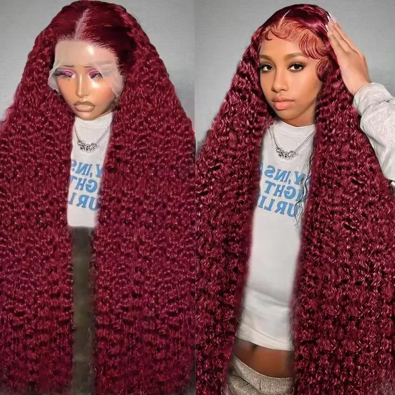 Red Burgundy 200% Deep Wave Wigs by Spacewallart, showcasing the vibrant color and wavy hair texture in a close-up image.
