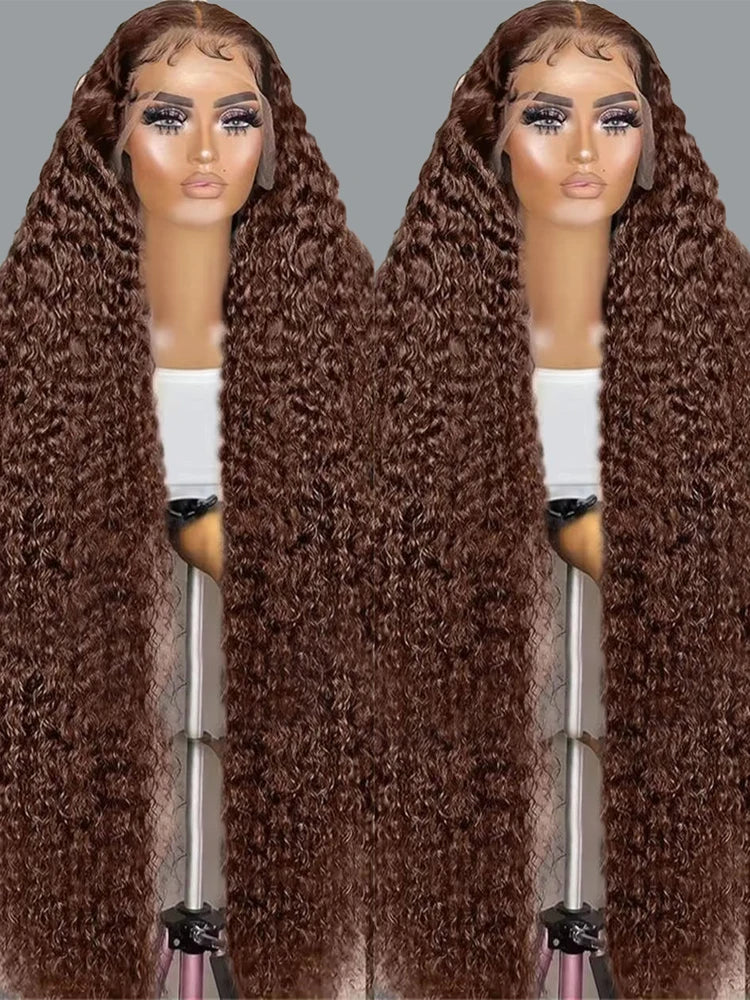 Chocolate brown deep wave human hair wig from Spacewallart, showcasing the full, wavy hairstyle on a mannequin head.