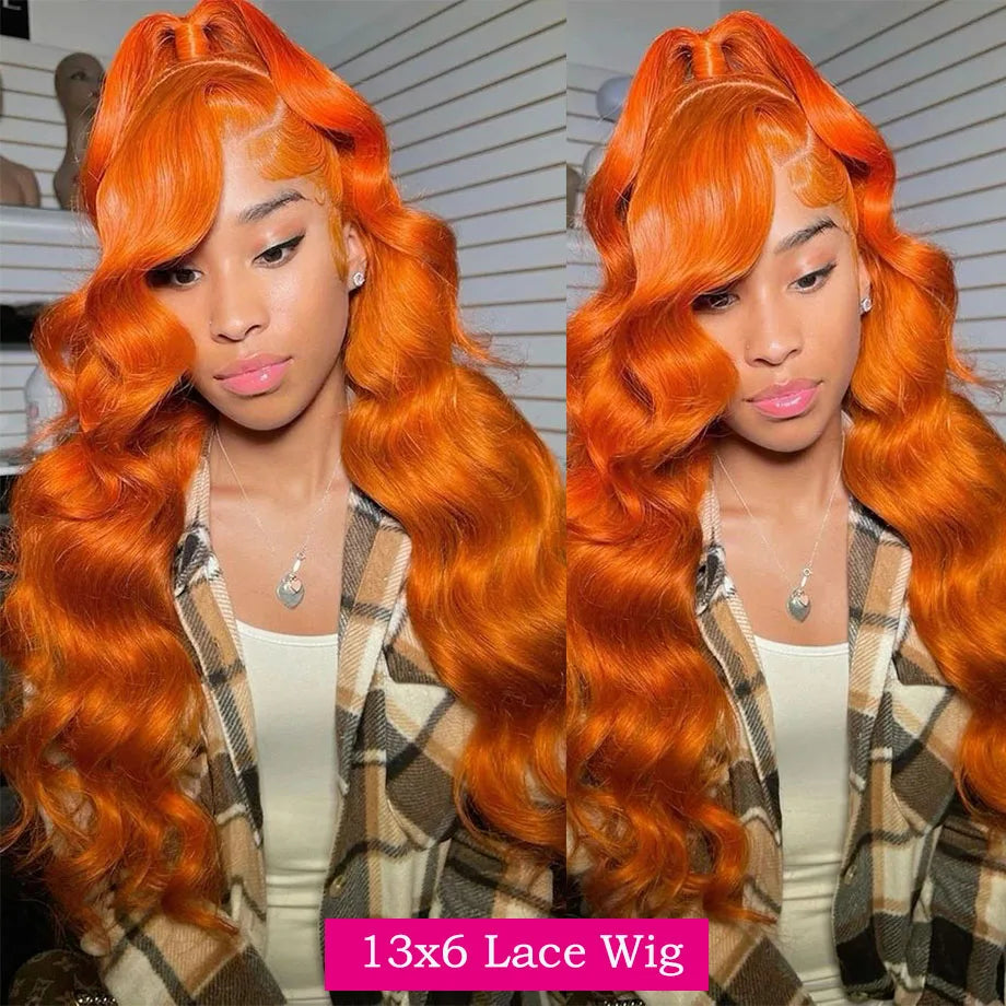 Orange Ginger Body Wave HD transparent human hair wig by Spacewallart, featuring natural waves and a vibrant orange ginger color.