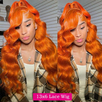 Orange Ginger Body Wave HD transparent human hair wig by Spacewallart, featuring natural waves and a vibrant orange ginger color.