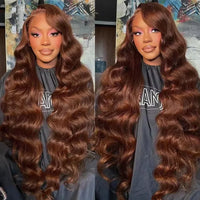 Chocolate brown body wave human hair wig by Spacewallart, showcasing the wavy texture and natural shine of the full-length hair.