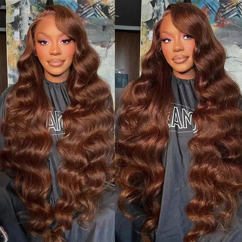 Chocolate brown body wave human hair wig by Spacewallart, showcasing the wavy texture and natural shine of the full-length hair.