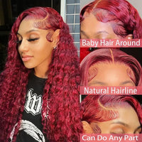 Burgundy deep wave frontal wig by Spacewallart featuring rich color and natural wave pattern, styled with a lace frontal for a seamless look.