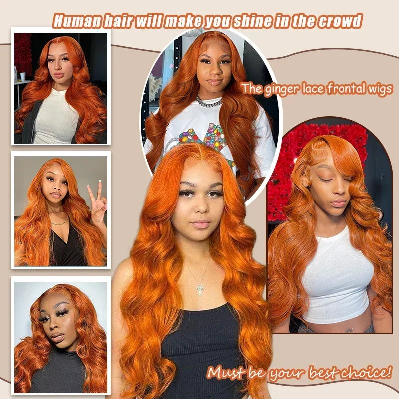 Ginger orange lace front human hair wig by Spacewallart, showcasing vibrant color and natural-looking lace front hairstyle.