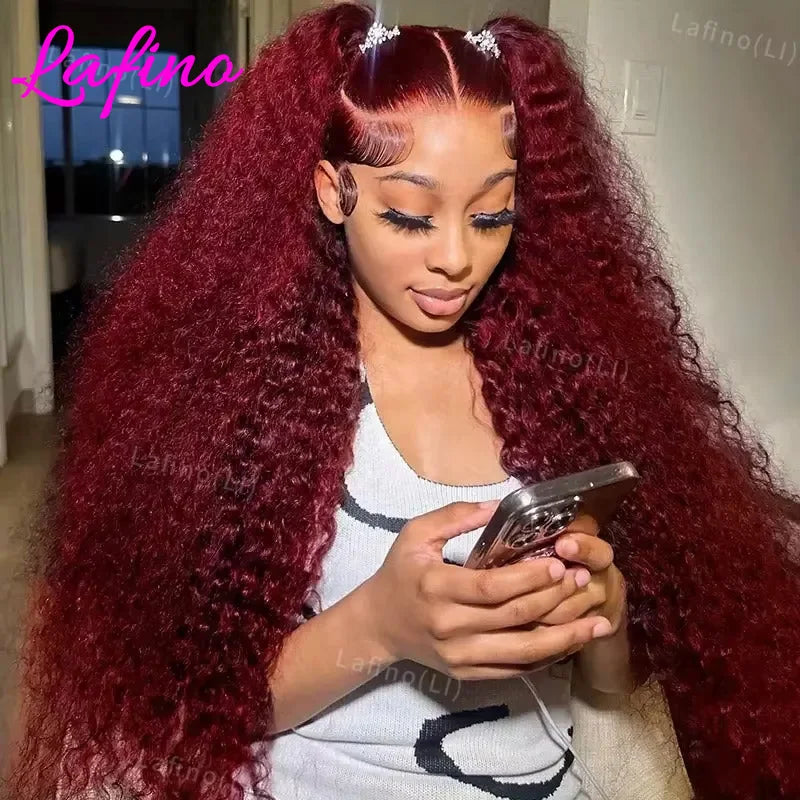 Burgundy HD lace frontal human hair wig by Spacewallart showcasing smooth, straight hair with lace front for natural hairline.