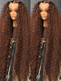 Chocolate brown lace frontal curly wig by Spacewallart featuring HD lace and voluminous, natural-looking curls.