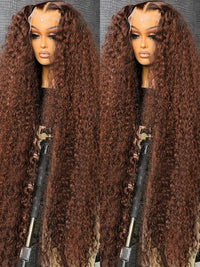 Chocolate brown lace frontal curly wig by Spacewallart featuring HD lace and voluminous, natural-looking curls.