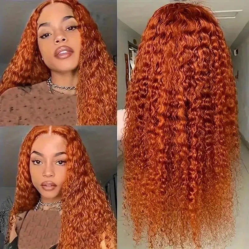 Orange ginger lace front curly wig from Spacewallart featuring vibrant color and voluminous curls for a stylish look.