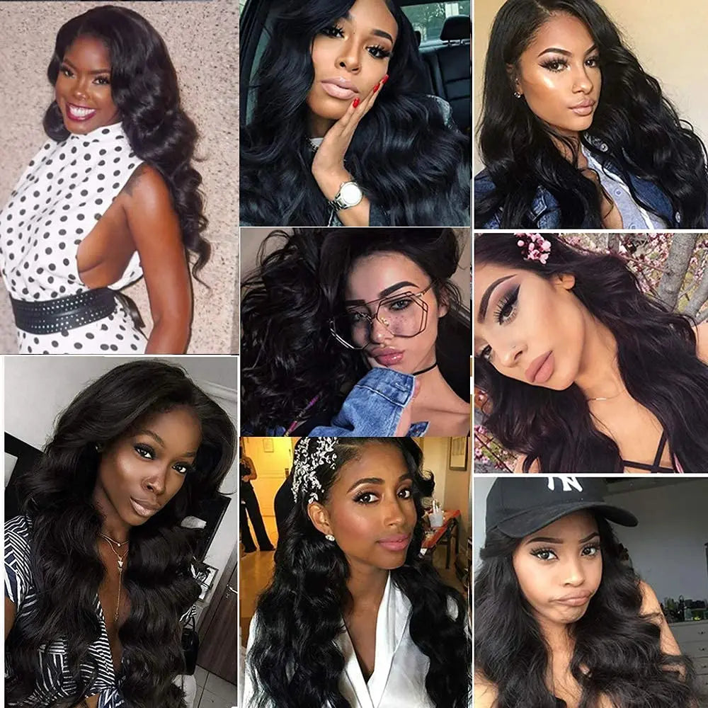 Brazilian raw human hair wig by Spacewallart featuring natural black, straight hair with a lace front for a seamless look.