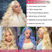 Brazilian blonde human hair wig with pre-plucked hairline from Spacewallart, showcasing transparent lace and natural styling.