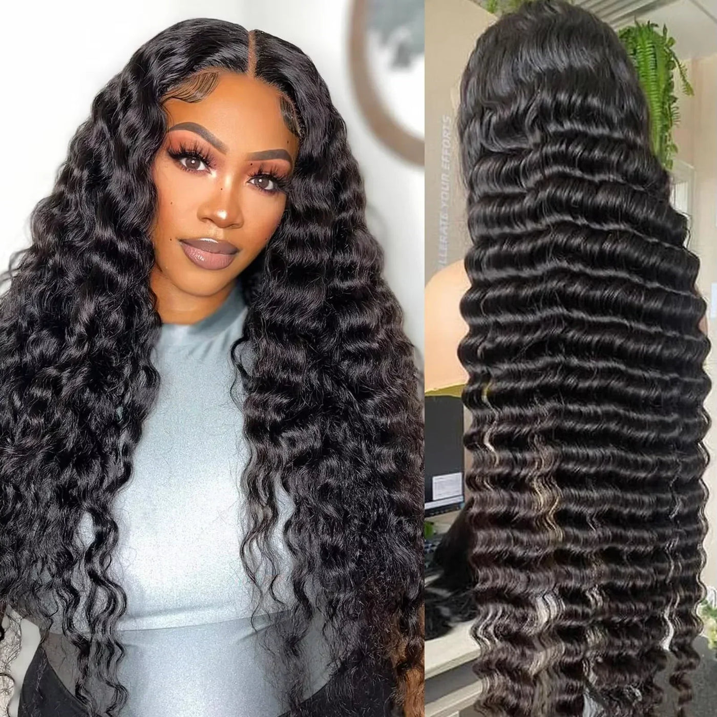 HD Loose Deep Wave Frontal Wig by Spacewallart, showcasing natural deep wave hair with a frontal lace for seamless styling.