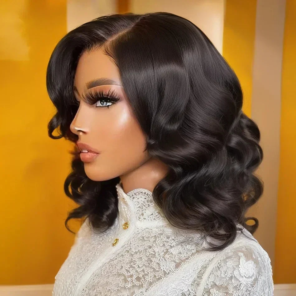 Body Wave short human hair wig by Spacewallart featuring natural waves and a sleek, short hairstyle for a versatile look.