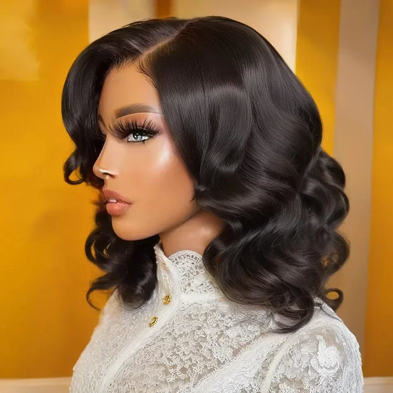 Body Wave short human hair wig by Spacewallart featuring natural waves and a sleek, short hairstyle for a versatile look.