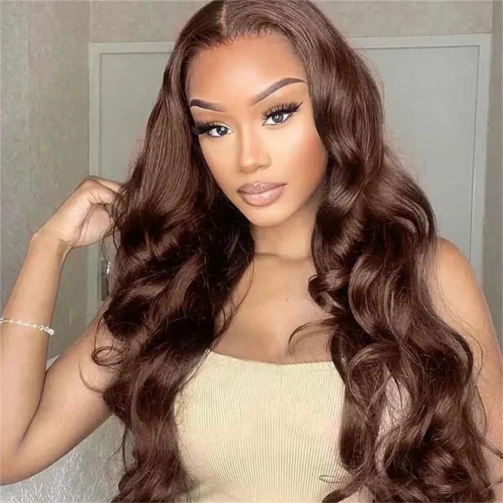 Chocolate brown body wave human hair wig by Spacewallart, showing the flowing, wavy texture and natural shine of the wig.