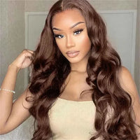 Chocolate brown body wave human hair wig by Spacewallart, showing the flowing, wavy texture and natural shine of the wig.