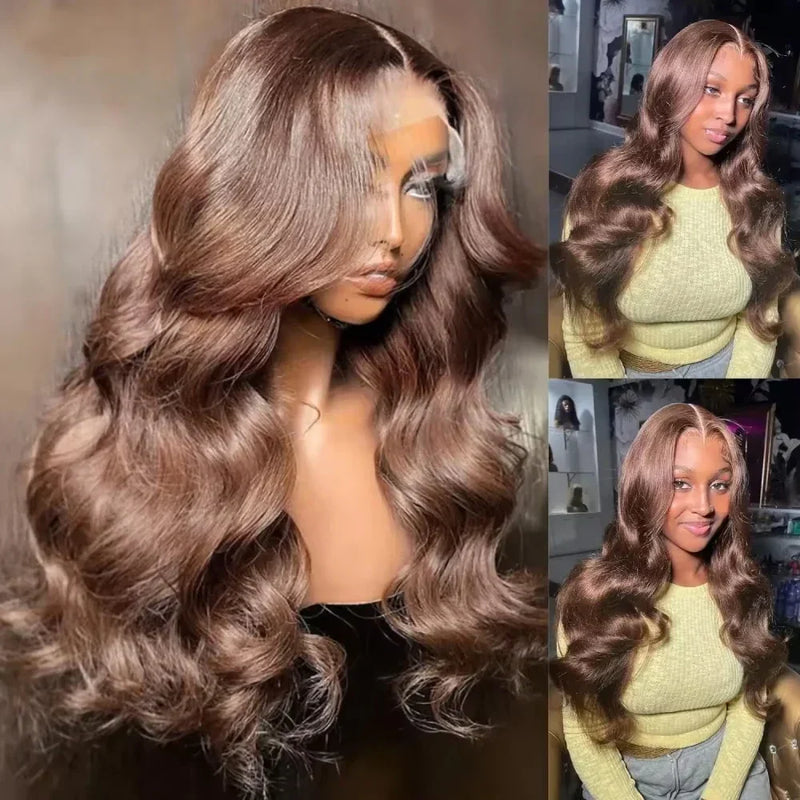 Chocolate brown human hair wig with body wave texture from Spacewallart, showcasing long, curly, natural-looking hair.