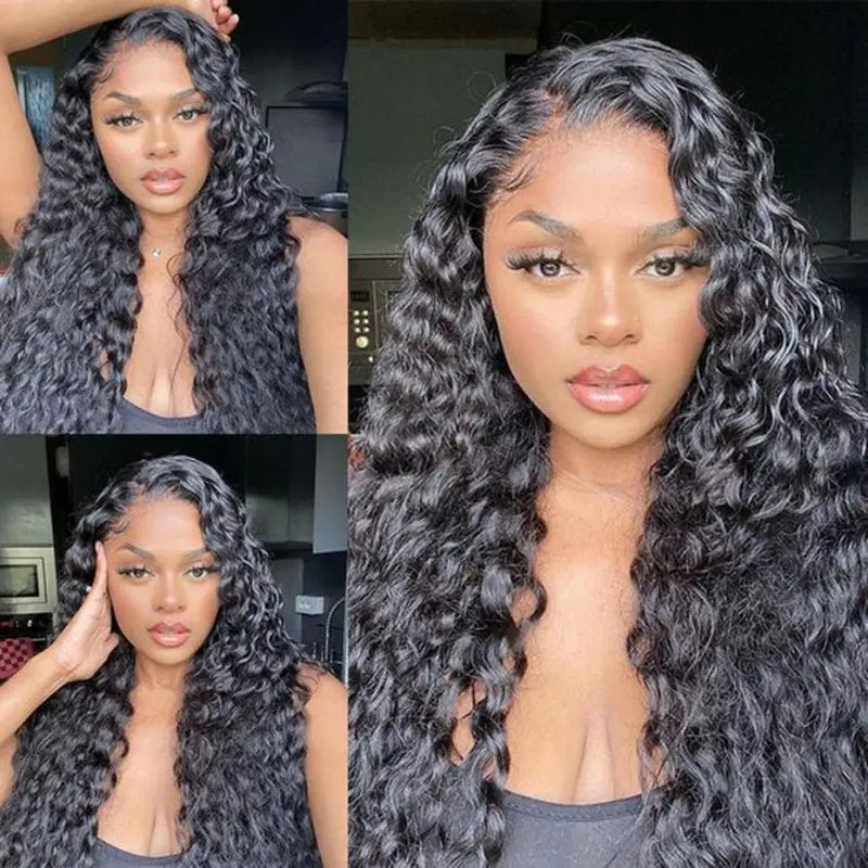 Deep wave human hair wig by Spacewallart, glueless style with natural waves and realistic lace front for versatile wear.