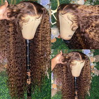 Honey blonde water wave lace front curly wig by Spacewallart, featuring soft waves and a natural hairline.