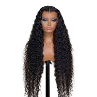 Deep wave human hair wig by Spacewallart featuring a glueless design and natural deep wave texture, shown on a mannequin head.