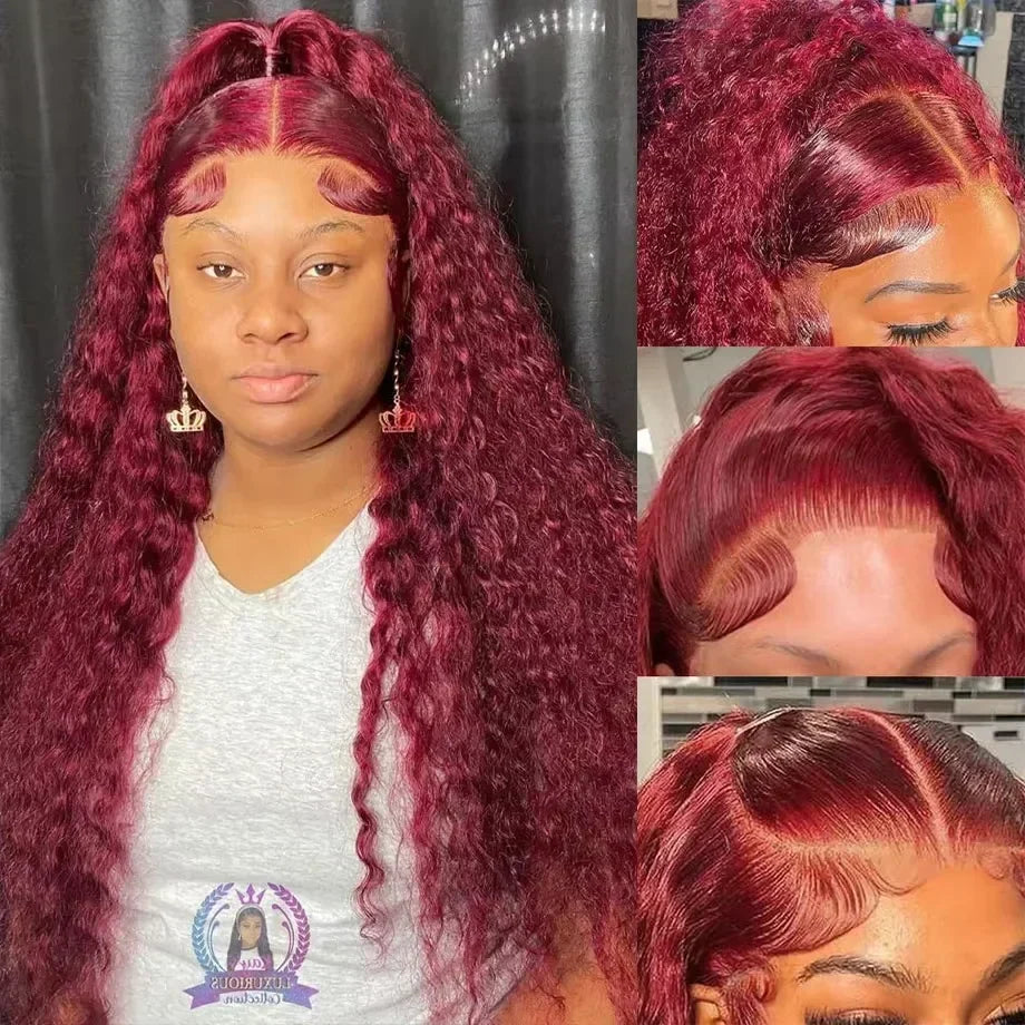 Burgundy curly frontal wig made of high-quality hair, styled with voluminous curls, by Spacewallart.