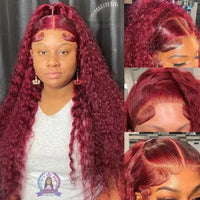 Burgundy curly frontal wig made of high-quality hair, styled with voluminous curls, by Spacewallart.