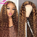 Honey blonde water wave lace front curly wig by Spacewallart, showcasing lush curly hair with a natural water wave pattern.