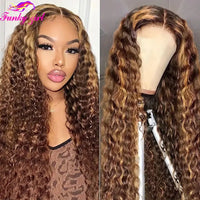 Honey blonde water wave lace front curly wig by Spacewallart, showcasing lush curly hair with a natural water wave pattern.
