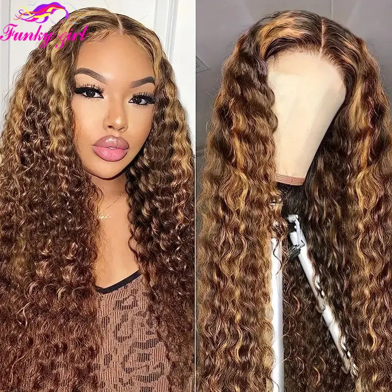 Honey blonde water wave lace front curly wig by Spacewallart, showcasing lush curly hair with a natural water wave pattern.