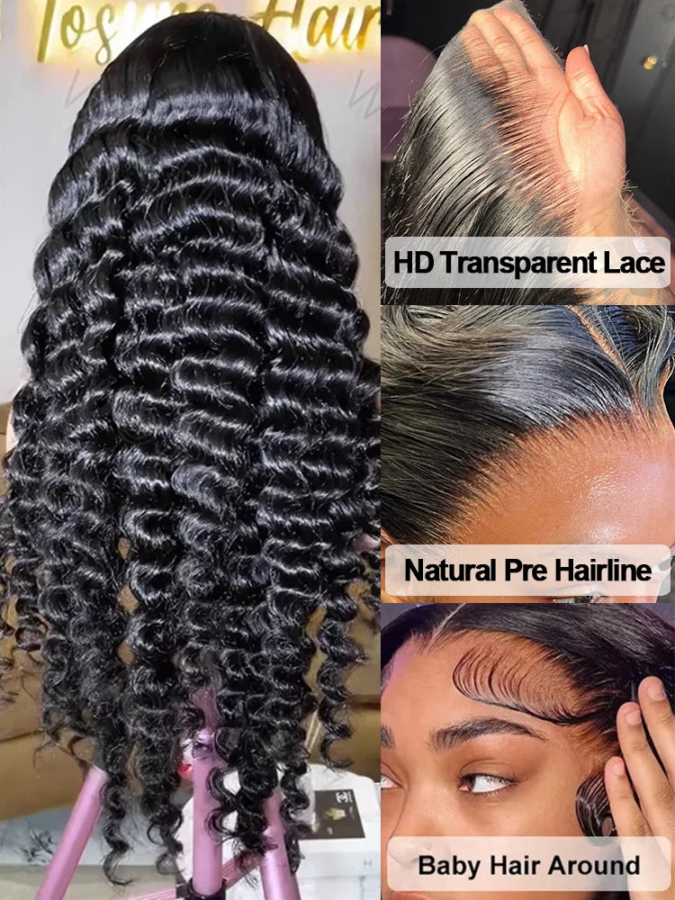 Loose deep wave human hair wig in natural color with full volume and soft texture, styled by Spacewallart.