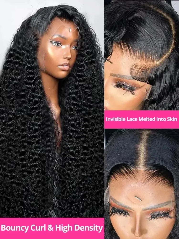 Deep wave lace front curly wig by Spacewallart featuring voluminous, natural-looking deep wave hair with lace front for a seamless fit.
