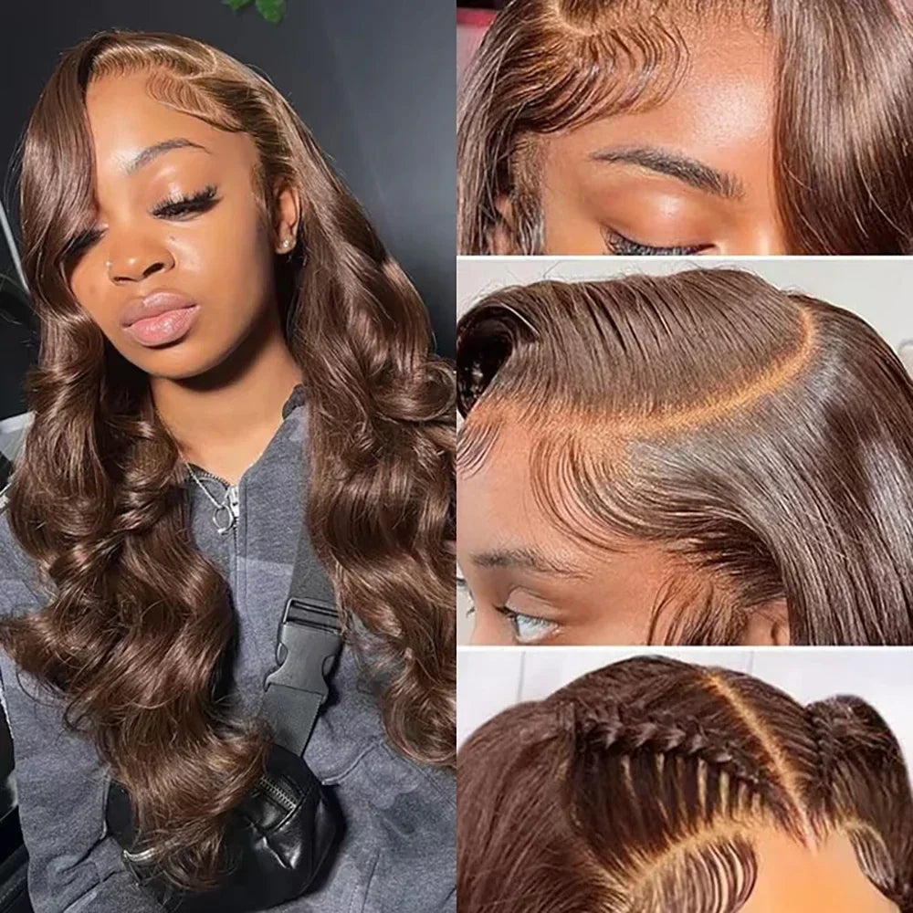 Chocolate brown body wave human hair wig by Spacewallart, showing long wavy hair with natural shine and soft texture.