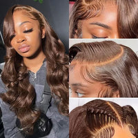 Chocolate brown body wave human hair wig by Spacewallart, showing long wavy hair with natural shine and soft texture.