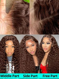 Chocolate brown deep wave human hair wig by Spacewallart, showing long, wavy hair with a natural shine and full volume.