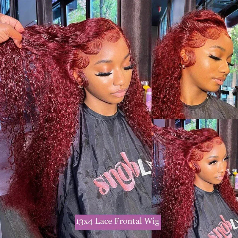 Burgundy deep wave frontal wig by Spacewallart featuring rich color and natural-looking wave pattern, styled for a full, voluminous look.