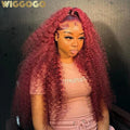 Burgundy deep wave frontal wig by Spacewallart showcasing glossy, wavy hair with natural-looking hairline and lace front.