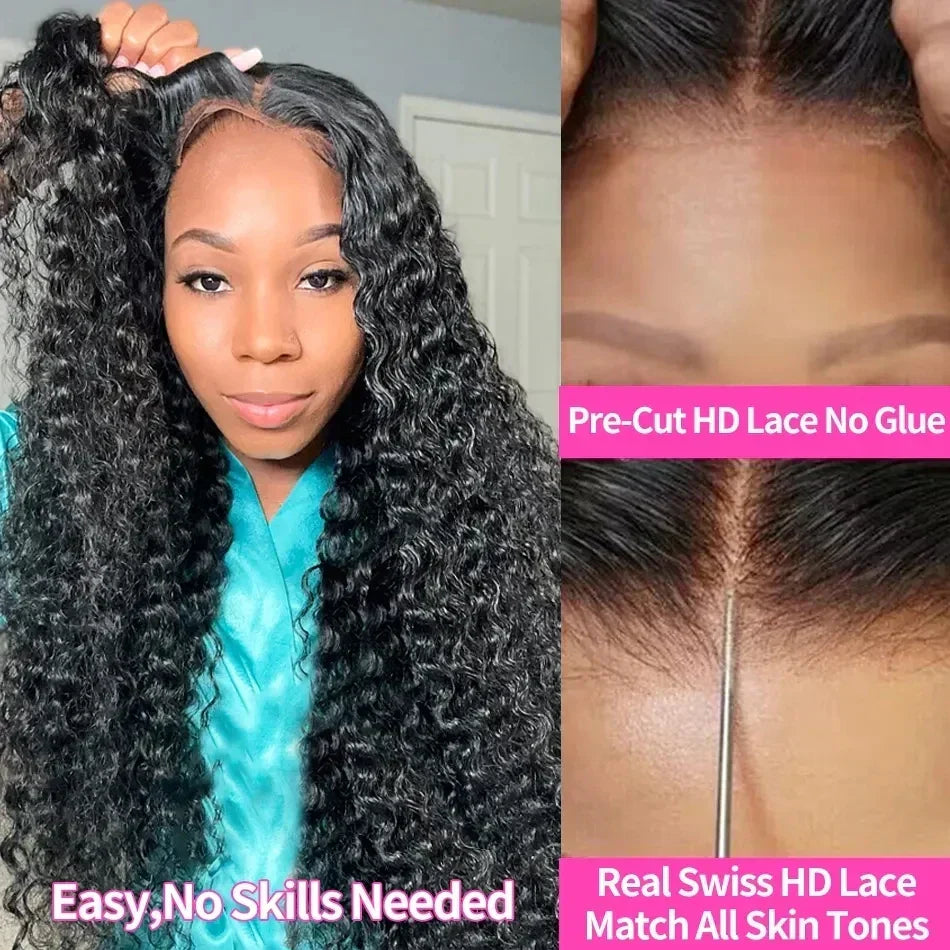 Spacewallart glueless deep wave human hair wig showing natural deep wave texture and lace-free design for a seamless look.