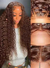 Chocolate brown deep wave human hair wig by Spacewallart, showcasing long, voluminous deep wave hair with natural shine.