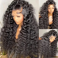 Deep wave lace frontal curly wig by Spacewallart featuring dark, voluminous curls and a natural hairline on a mannequin head.