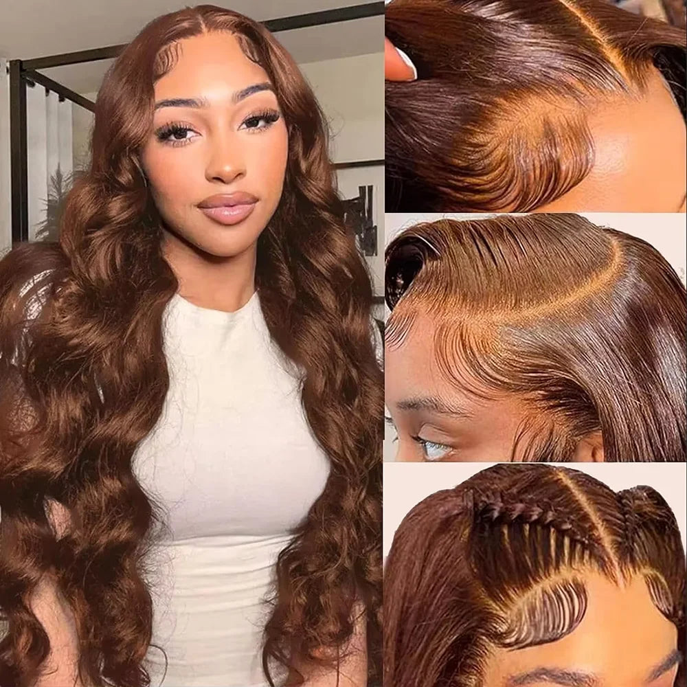 Chocolate brown HD lace front human hair wig with natural waves, styled on a mannequin head for a realistic look.