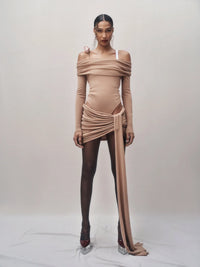 Spacewallart Wrapped in Merino knitted set, cozy winter apparel featuring a soft, textured wool fabric in natural tones.